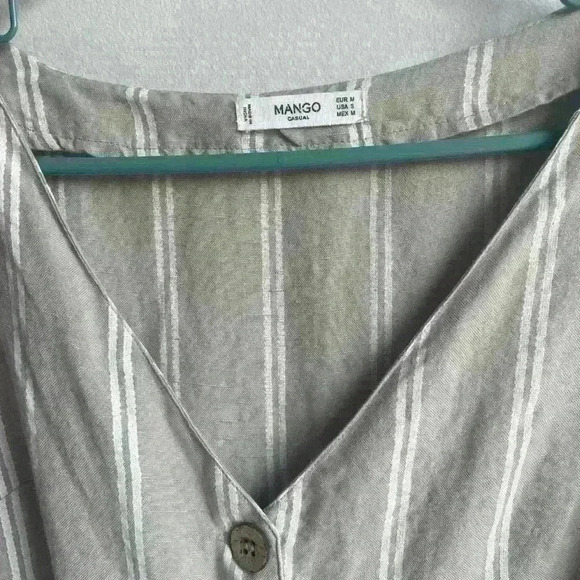 MANGO Striped Linen Jumpsuit Gray White Belted Romper Pockets Sleeveless Size M - Picture 7 of 9